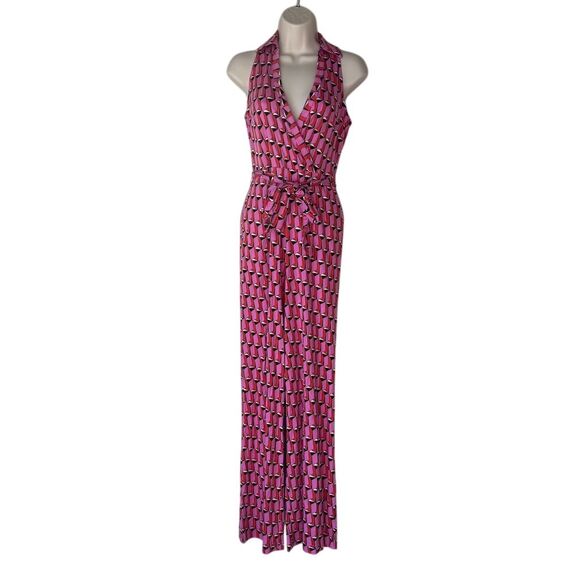 Diane Von Furstenberg Pants - Diane Von Furstenberg Women's Pink Geometric Sleeveless Jumpsuit 2XS